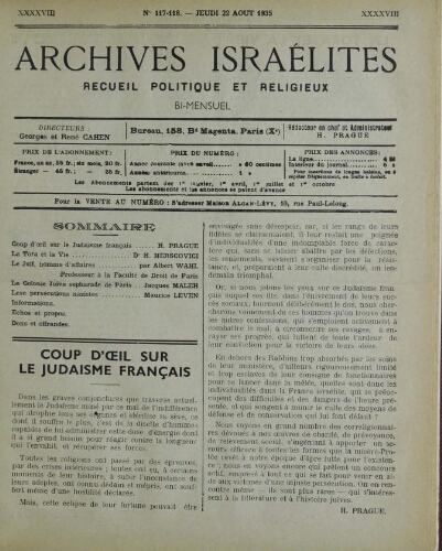 Archives israélites de France. Vol.98 N°117-118 (22 août 1935)